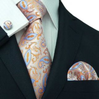 Landisun 441 Light Orange Paisleys Mens Silk Tie Set: Tie+Hanky+Cufflinks at  Mens Clothing store