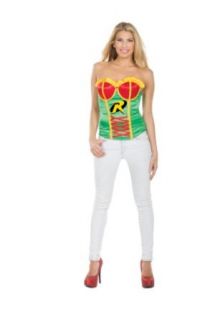 Secret Wishes DC Comics Justice League Superhero Style Adult Corset Top with Logo Robin, Red, Medium: Clothing