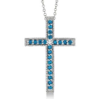 Blue and White Diamond Cross Pendant Necklace 14k White Gold (0.33ct) Jewelry