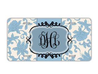 Personalized monogrammed license plate   Light blue damask floral   initials monogram car tag vanity, front license plate 