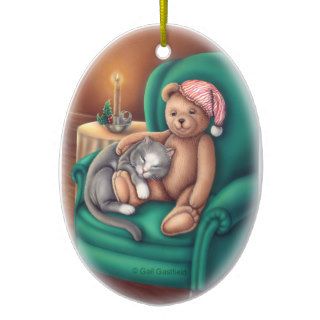 Teddy Bear and Cat Ornament