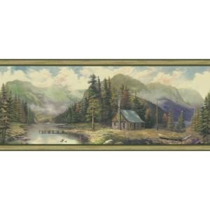 The Wallpaper Company 9 in. x 15 ft. Green Forest Lodge Scenic Border DISCONTINUED WC1280555