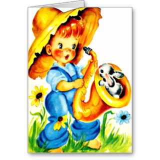 Saxophone Bunny   Retro Little Boy Happy Birthday Cards