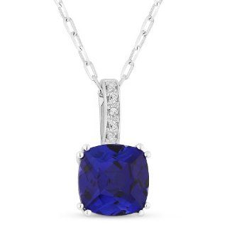 Synthetic 2ct Cushion Cut Blue Created Blue Sapphire Gemstone & Diamond Necklace Set In 14K White Gold: Eros' Iced Showroom: Jewelry