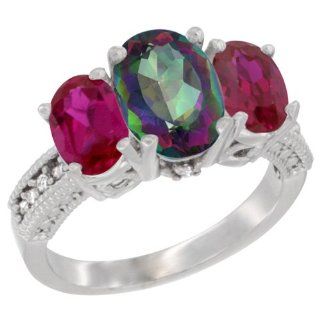 10K White Gold Natural Mystic Topaz Ring Ladies 3 Stone 8x6 Oval with Ruby Sides Diamond Accent, sizes 5   10: Jewelry