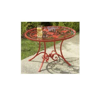 28" Scroll and Leaf Design Glass Top Red Garden Table : Patio Side Tables : Patio, Lawn & Garden