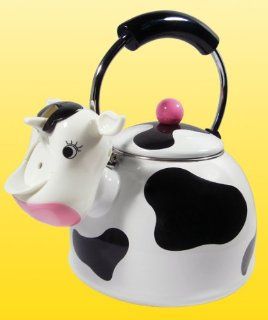 Unique Novelty Farm Cow Design Whistling Enamel Coated Tea Kettle: Kitchen & Dining