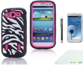 P&Q Estore Deluxe Fashion Print Hard Soft High Impact Hybrid Armor Defender Case Combo for Samsung Galaxy S3 SIII 9300 with 1 Screen Protector, 1 Black Stylus and P&Q Estore Microfiber Cleaning Cloth (Black on hot pink): Cell Phones & Accessori