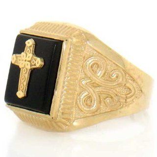 10k Yellow Gold Onyx Cross Mens Fancy Ring Jewelry: Jewelry