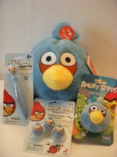 BUNDLE OF 4  BLUE ANGRY BIRD PLUSH, PUZZLE ERASERS,BAG CLIP & PEN: Toys & Games