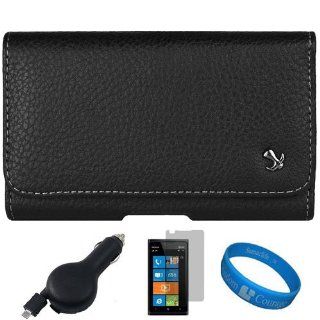 Black Horizontal Premium Leather Pouch Case with Belt Clip for AT&T Nokia Lumia 900 Windows Smartphone + Screen Protector + Retractable Car Charger + SumacLife TM Wisdom Courage Wristband: Cell Phones & Accessories
