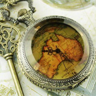 Steampunk Bronze Antique Pocket Watch Necklace Pirate Gothic Victorian Locket Pendant Charm Watch Face with Gemstone Map Key Binocle SET: Watches