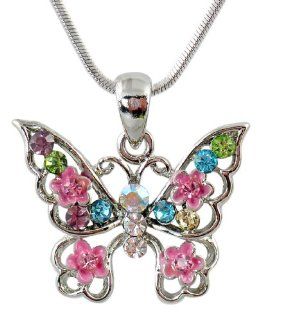 Pretty Multicolor Pink, Blue, Green, Purple, Flowers Crystal and Enamel Butterfly Pendant/necklace: Jewelry