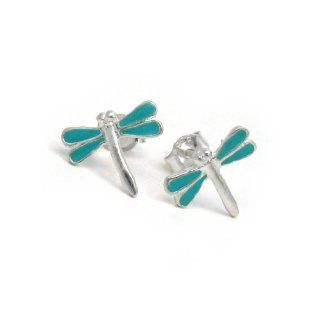 Sterling Silver Enamel Dragonfly Stud Post Earrings, Turquoise Blue: Jewelry