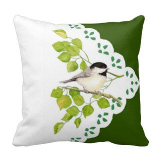 Original Watercolor Chickadee Bird & Lace Heart Throw Pillows