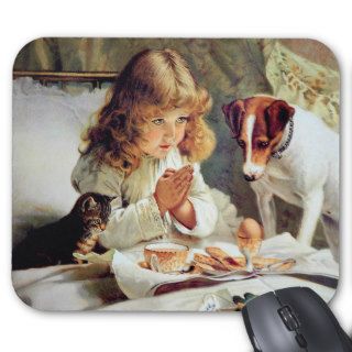 Breakfast in Bed: Girl, Terrier and Kitty Cat Mouse Pads