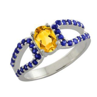 1.24 Ct Oval Yellow Citrine Blue Sapphire 18K White Gold Ring: Jewelry