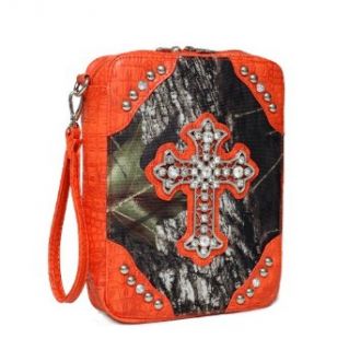 Mossy Oak Camouflage Print Bible Cover w/ Croco Trim And Studded Cross Emblem  Orange: Clothing