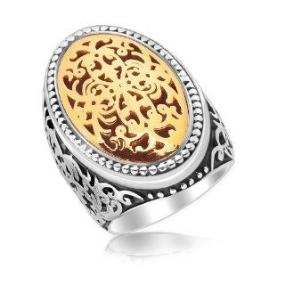 18K Yellow Gold and Sterling Silver Oval Ring with Scrollwork and Dot Accents: Jewelry