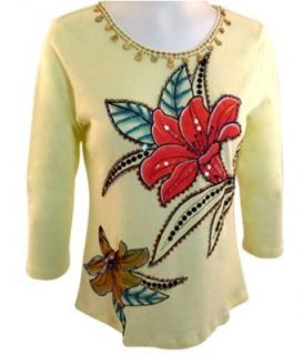 Usindo Clothing 3/4 Sleeve, "Floral Art" Beaded & Sequined with Gemstones, Pre Washed, Floral Themed, Scoop Neck Cotton Top   Pale Yellow (Medium) at  Womens Clothing store