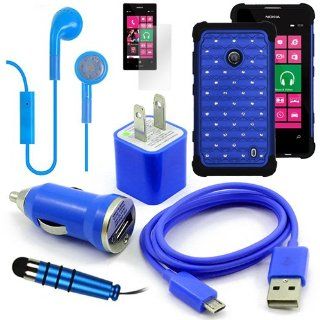 Metro PCS Nokia Lumia 521 Blue Diamond Studded Rugged Case, USB Car Charger Plug, USB Home Charger Plug, USB 2.0 Data Cable, Metallic Stylus Pen, Stereo Headset & Screen Protector (7 Items) Retail Value: $89.95: Cell Phones & Accessories