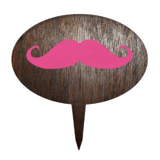 Funny Girly Pink Mustache On Wood Background Cake Picks