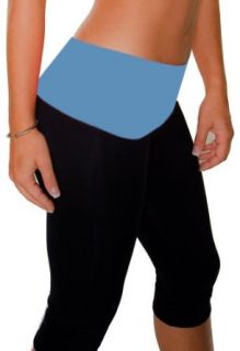 Yoga Exercise Fold Over Capri Pant   Supplex Lycra (Black/Light Blue): Clothing
