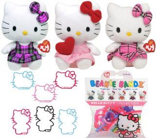 Ty Beanie Babies Hello Kitty St. Valentine's Day Gift   Red Heart, Purple Tartan, Pink Plaid   3 BB plush toys & set of 12 HK beanie bandz bracelets Toys & Games