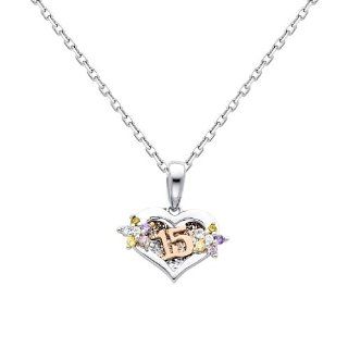 14K White Gold 15 Aos CZ Charm Pendant with Yellow Gold 1.1mm Oval Angled Cut Rolo Cable Chain Necklace with Lobster Claw Clasp   Pendant Necklace Combination (Different Chain Lengths Available): The World Jewelry Center: Jewelry