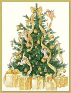 Entertaining with Caspari Tree with Angels Christmas Cards with Unlined Envelopes, Box of 16   Greeting Cards