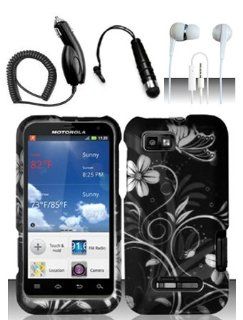 4 Items Combo For Motorola Defy XT XT556 / XT557 (StraightTalk/US Cellular) Black White Frowers Design Hard Case Snap On Protector Cover + Car Charger + Free Mini Stylus Pen + Free 3.5mm Stereo Earphone Headsets: Cell Phones & Accessories