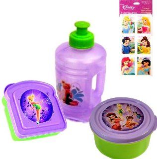 4 Item Tinkerbell Lunch Gift Set for Girls: Tinkerbell and Disney Fairies Water Bottle, Tinkerbell Sandwich Box, Tinkerbell Snack Container, and Rare Disney Princess Stickers (4 Sheets)   All Are BPA Free and Non toxic   Stickers feature Ariel, Snow White,