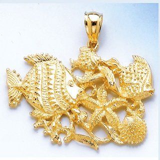 Gold Nautical Charm Pendant Aquarium Textured & High Polish: Jewelry