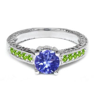 1.10 Ct Round Blue Tanzanite Green Peridot 925 Sterling Silver Engagement Ring: Jewelry