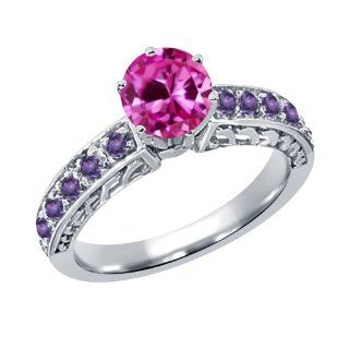 1.24 Ct Round Pink Created Sapphire Purple Amethyst 925 Sterling Silver Ring: Jewelry