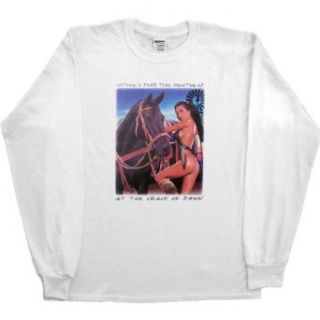 MENS LONG SLEEVE T SHIRT : SAND   SMALL   Nothing Is Finer Than Mounting Up at the Crack of Dawn   Native American Quarter Horse Pin Up Girl: Clothing