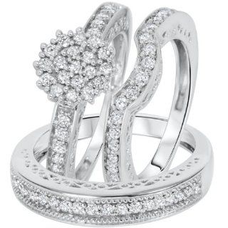 1 CT. T.W. Round Cut Diamond Women's Engagement Ring, Ladies Wedding Band, Men's Wedding Band Matching Set 10K White Gold   Free Gift Box: Jewelry