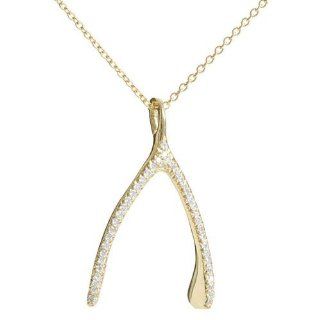 Mirco Pave Lab Created Diamond 18K Gold Over Sterling Silver Wishbone Pendant Necklace with Rhodium Plated on delicate 16 inch Gold over Sterling Silver Vermeil chain.: Jewelry