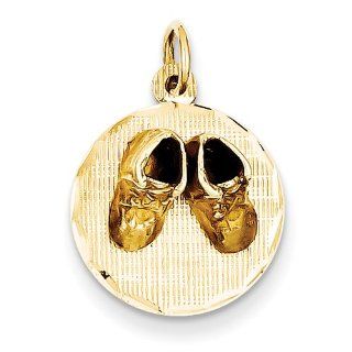 14K Yellow Gold Small Solid Engravable Baby Shoes on Disc Charm: Pendants: Jewelry