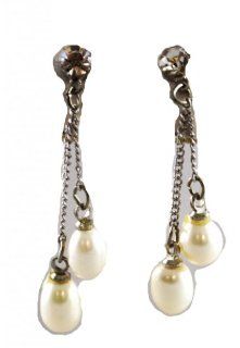 Gorgeous and Elegant Ice Crystal Accented Faux Pearl Dangle Post Earrings Silver Tone: Jewelry