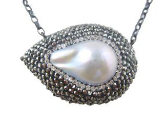 Sterling Silver Black Rhodium Two Sided Leaf Pearl Pendant Necklace with Small Hematites and Swarovski Crystals Jewelry