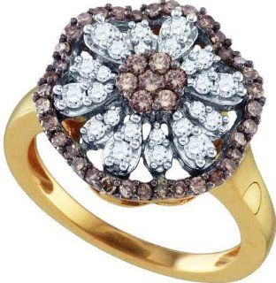 Ladies 10K Yellow Gold .68ct Brown and White Diamond Flower Engagement Wedding Bridal Set Ring: Jewelry
