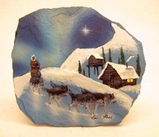 New Resin Art Shale Rock Painted Slab Sled Dog Team Northern Lights Figurine  Collectible Figurines  
