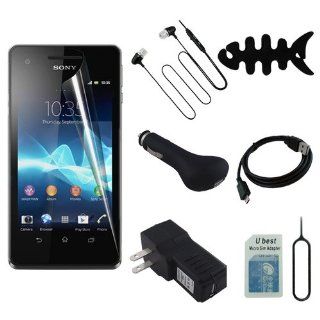 Skque Clear Screen Protector Film + Black USB Car Charger/Wall Charge + Micro USB Charge Data/Sync Cable + Micro Sim Adapter Card with Sim Card Tray Eject Tool + Black 3.5mm Stereo Headset With Free Fish Bone Holder for Sony Xperia V LT25i Cellphone: Cell 