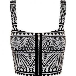 Fashion Wardrobe Womens Aztec Print Bra Ladies Crop Top Padded Strappy Zip up Vest Bralet Stretch (USA 10 12 / UK 12 14 (M/L), Aztec 2 (Black & White)) Bras