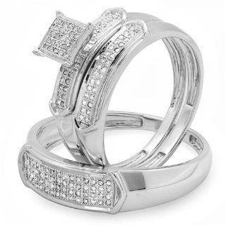 0.33 Carat (ctw) Sterling Silver Round White Diamond Men & Womens Micro Pave Engagement Ring Trio Bridal Set 1/3 CT Wedding Ring Sets Jewelry