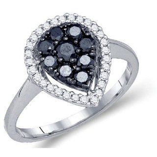 Black Diamond Tear Drop Fashion Ring Band 10K White Gold (0.74 ct.tw.) Jewel Roses Jewelry