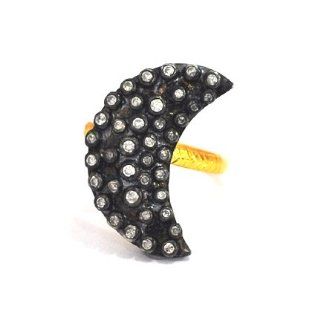 14kt Solid Yellow Gold Pave Diamond Half Moon Ring Silver Fashion Jewelry: Jewelry