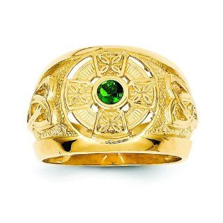 14K Gold Men Celtic Cross Green Synthetic Stone Ring: Gold Men S Celtic Ring: Jewelry