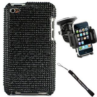 Black FULL Luxury Design Premium Crystal Rhinestone Cover Protective Case for Apple iPod Touch 4 + Determination Hand Strap + Windshield Car Mount: Cell Phones & Accessories